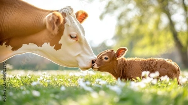 Fototapeta Tender Moment: Cow and Calf Nuzzle in Sun-Drenched Meadow