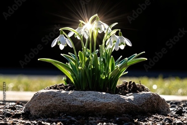 Fototapeta Sunlit Snowdrops Emerging: Spring's Radiant Arrival on a Stone