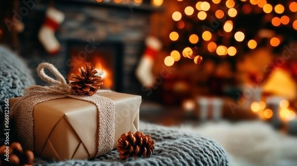 Obraz Cozy Christmas Gift with Pinecones, Fireplace, and Warm Bokeh Lights