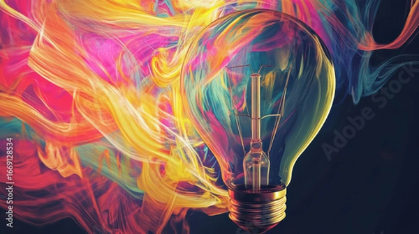 Fototapeta Vibrant light bulb surrounded by colorful, flowing smoke represents concept of idea generation and creativity. dynamic colors evoke sense of inspiration and innovation