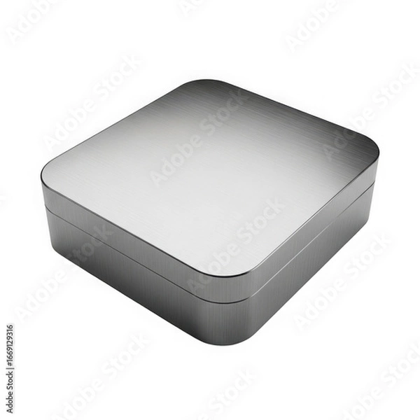 Fototapeta Shiny metallic square box container with rounded corners, isolated on transparent background