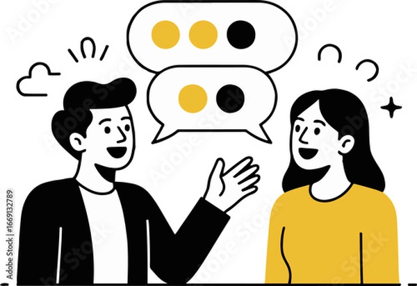 Fototapeta Illustration of a man and a woman having a conversation with speech bubbles above their heads in black and yellow