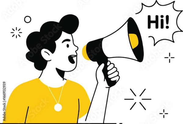 Fototapeta A person holding a megaphone with the word hi in a speech bubble on a white background illustration