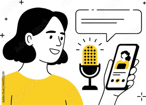 Fototapeta Woman with podcast microphone and smartphone showing a profile in a yellow and black illustration