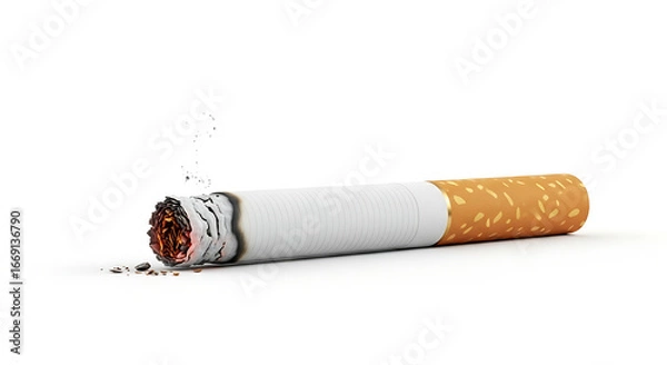 Fototapeta A partially smoked cigarette lies on a white background, ash and smoke visible.