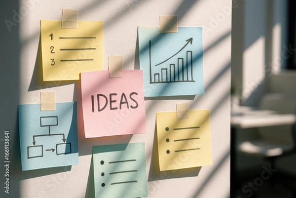 Fototapeta Colorful sticky notes with business ideas, planning charts, and growth graphs on office wall in sunlight