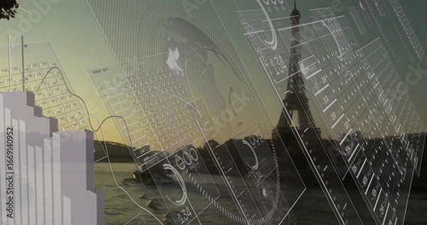 Fototapeta Displaying digital charts and gauges over Seine at dusk, with Eiffel Tower silhouette, copy space