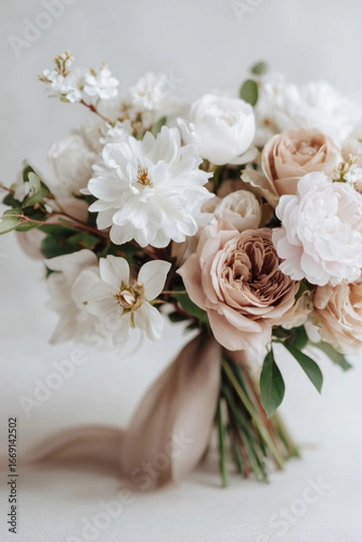 Fototapeta Delicate bridal bouquet with white and blush flowers tied with a soft ribbon