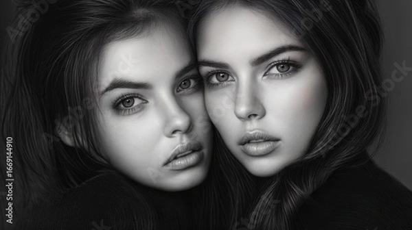 Fototapeta Black and white portrait of two young fashion models posing cheek to cheek. Sissters.