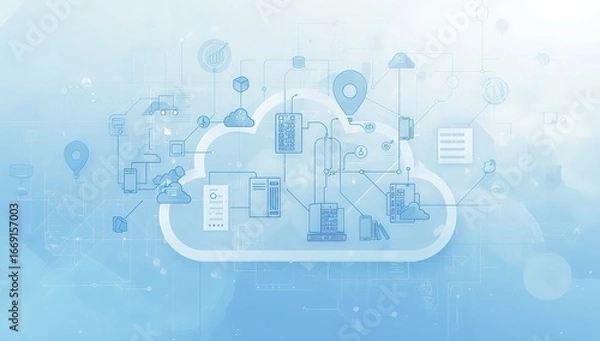 Fototapeta "Cloud Computing Network with Connected Devices and Data Flow in Digital Environment"