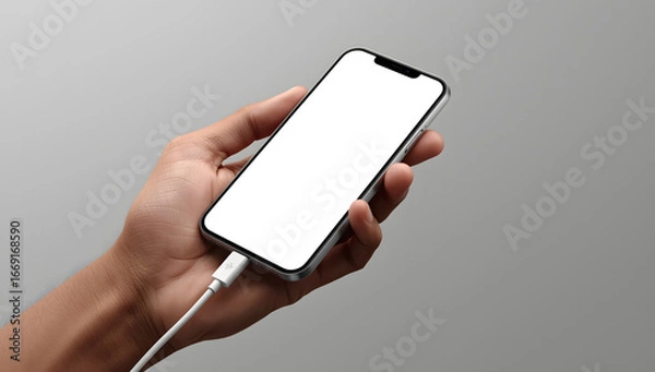 Obraz A person's hand holding a smartphone, connected to a charging cable.