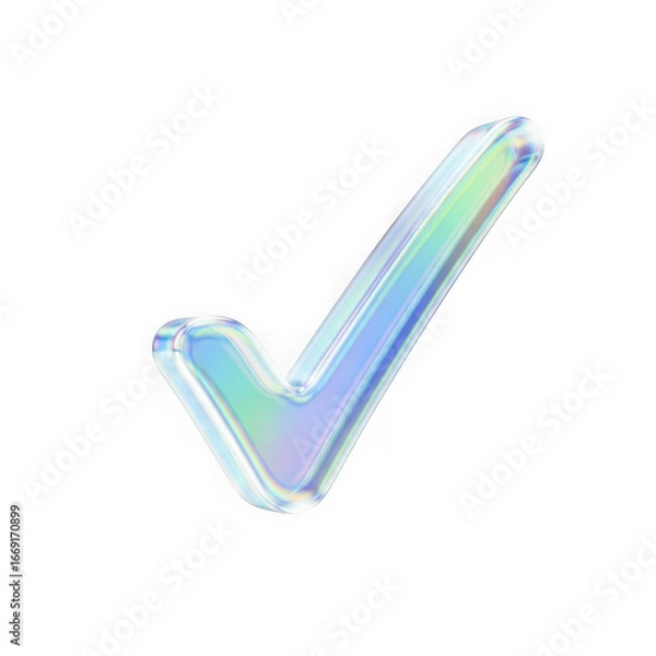 Fototapeta 3d icon of a holographic iridescent checkmark symbol, isolated on a transparent background