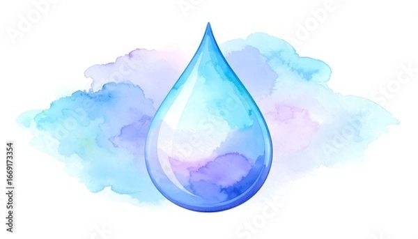 Fototapeta A single, teardrop-shaped water droplet rests on a soft, watercolor cloud