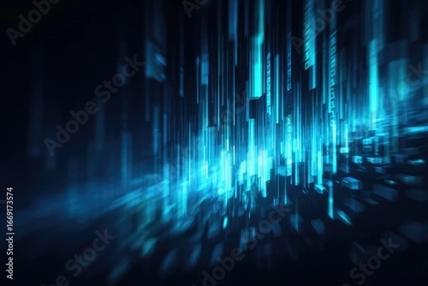 Fototapeta Abstract digital cityscape,  glowing turquoise lines