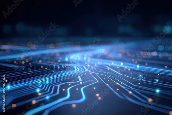 Fototapeta Abstract circuit board.  Intricate network of glowing, blue-lit pathways and nodes