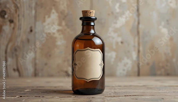 Fototapeta Vintage Brown Apothecary Bottle Mockup with Cork Stopper and Blank Label – Herbal Medicine and Essential Oil Packaging Design