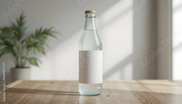 Fototapeta Transparent Glass Bottle with Blank Label Mockup in Natural Light – Clean Packaging Design Template for Branding