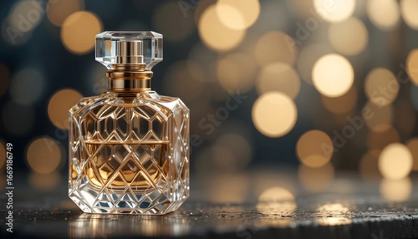 Fototapeta Luxury Golden Perfume Bottle with Crystal Cap and Elegant Lights – Premium Fragrance Packaging Mockup Design