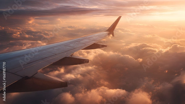 Fototapeta Minimalist shot of airplane wing in golden hour light suitable for travel blog and aviation background