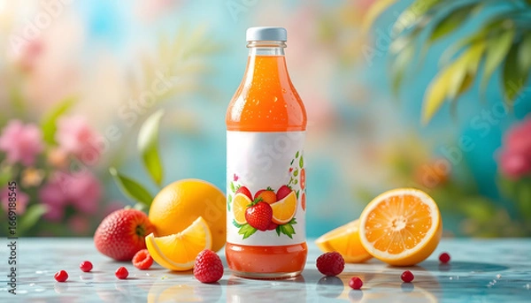 Fototapeta Vibrant Orange Juice Bottle with Fresh Fruits and Colorful Summer Background – Refreshing Healthy Beverage Packaging Mockup