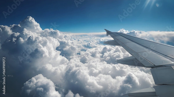 Fototapeta Aerial perspective of airplane wing and ocean horizon suitable for tourism blog and wanderlust background