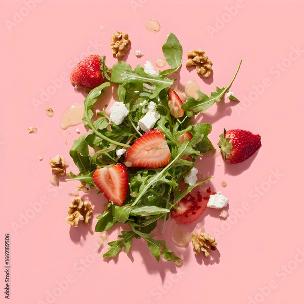 Fototapeta Fresh strawberry arugula salad composition on pastel pink ideal for diet blog and modern recipe design