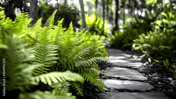 Fototapeta Lush Green Ferns by Stone Path in Forest