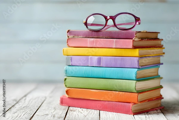 Fototapeta Colorful Kids Books with Eyewear on Wooden Surface in Soft Daylight