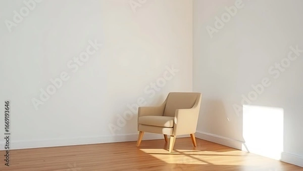 Fototapeta Minimalist living room corner featuring a single armchair, embodying simplicity and calm.