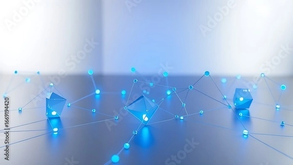 Fototapeta Abstract geometric shapes with metallic surfaces and blue lighting, symbolizing modern connectivity.