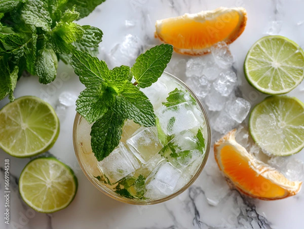 Fototapeta Top-Down View of Chilled Mojito with Mint, Ice, and Citrus on White Marble
