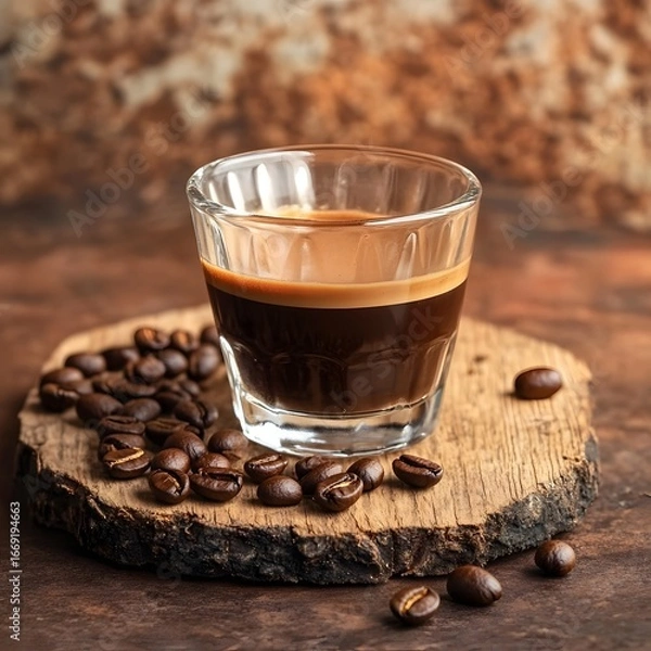 Fototapeta Espresso Coffee in Glass Cup with Roasted Beans on Wood