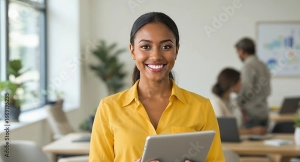 Fototapeta Smiling businesswoman holding a tablet in modern office