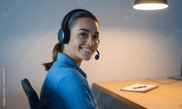 Fototapeta Smiling woman wearing headset, customer service, support agent, helpdesk, online assistance, communication, technology, office worker, 