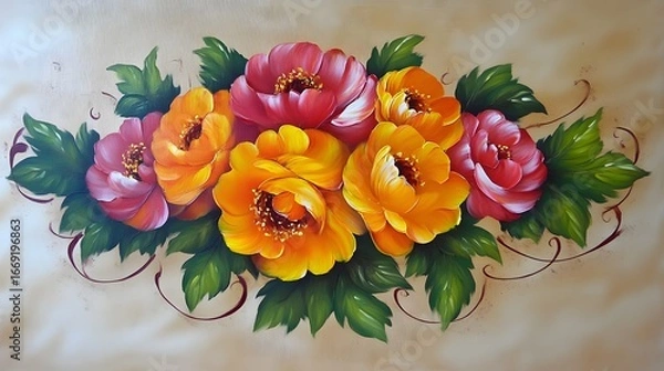 Fototapeta Vibrant Orange and Pink Floral Bouquet Painting