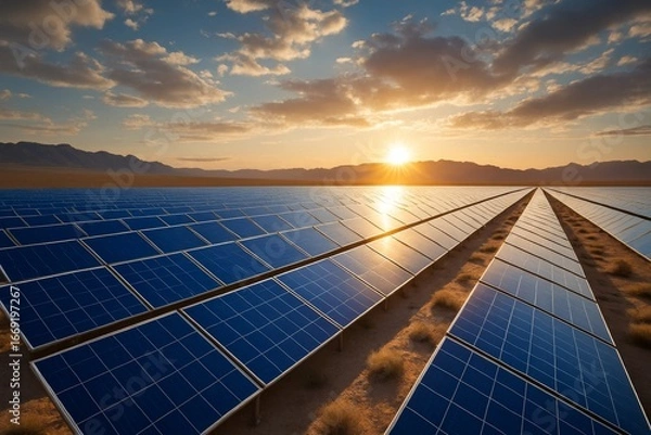 Fototapeta Majestic solar panel array stretches across desert landscape, harnessing energy under golden sunset, clean energy source, sustainable future, ecological power.