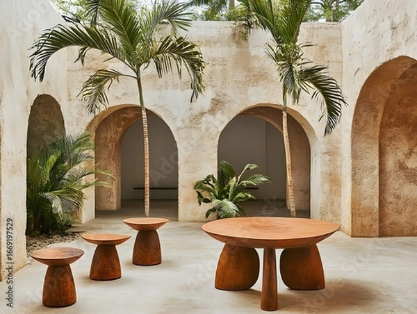 Fototapeta Rustic Wooden Outdoor Tables and Stools in Courtyard Setting