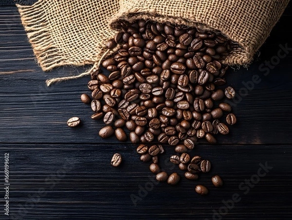 Fototapeta Roasted Coffee Beans Spilling from Burlap Sack on Dark Wood