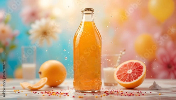 Fototapeta Transparent Glass Juice Bottle with Fresh Grapefruit and Summer Light – Refreshing Beverage Packaging Mockup Design