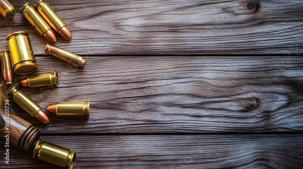 Fototapeta Ammunition on Rustic Wooden Background Gun Cartridge Bullets
