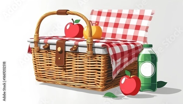 Fototapeta a wicker picnic basket with bottles, fruits, and blanket, showcasing cozy leisure in warm rustic tones.