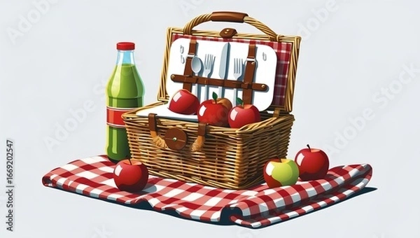 Fototapeta rustic picnic basket with drinks and fruits placed on red and white blanket, symbolizing outdoor lifestyle charm.
