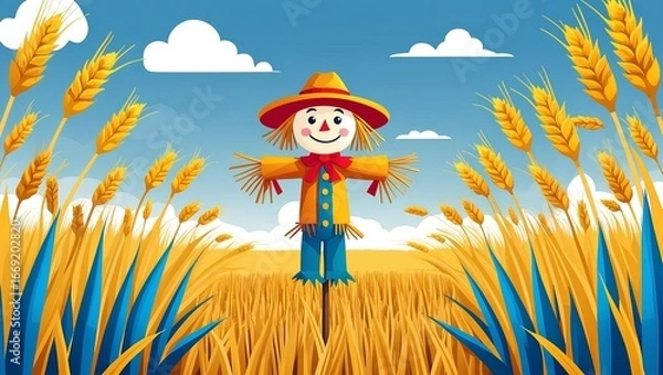 Fototapeta a scarecrow standing in a vast golden wheat field with tall sun-kissed stalks swaying gently in the breeze