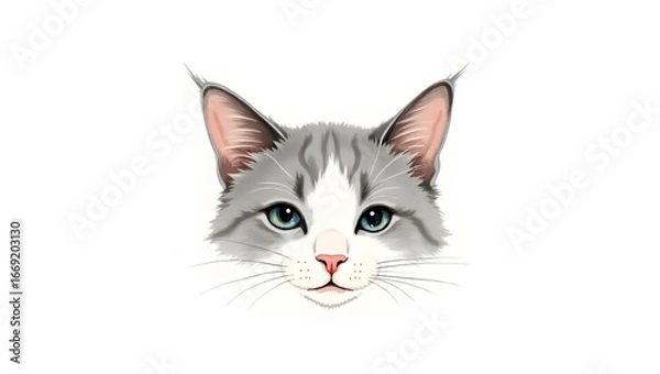 Fototapeta Watercolor artwork of a soft grey and white cat face with delicate fur detail and minimal expression.