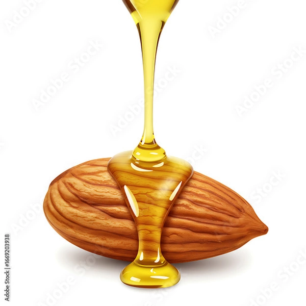 Obraz Golden almond oil pouring over a single almond nut, isolated on a white background. Represents beauty, skincare, and healthy ingredients.


