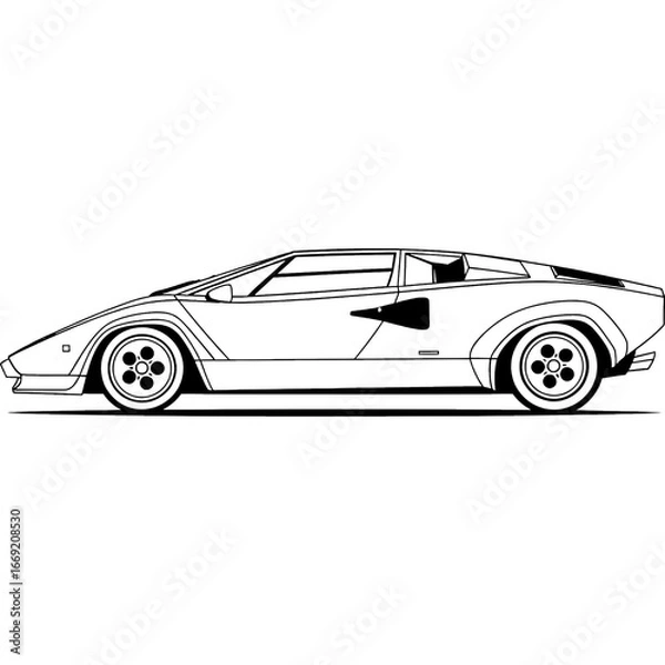 Obraz Side profile line art of a classic wedge-shaped Italian style supercar, a black and white vector illustration