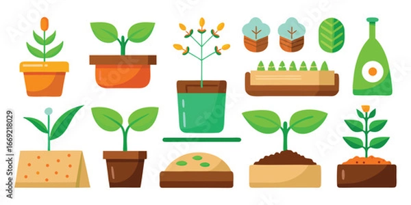 Fototapeta Collection of flat design potted plants and gardening elements in various stages of growth seedling