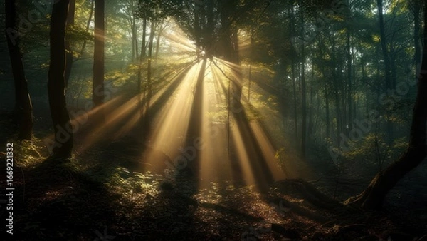 Fototapeta Sunlight streams through a misty forest