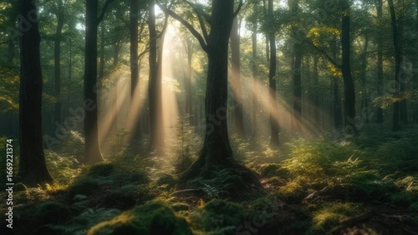 Fototapeta Sunlight streams through misty forest