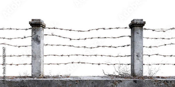 Obraz Barbed Wire Fence With Concrete Posts And Transparent Background, PNG